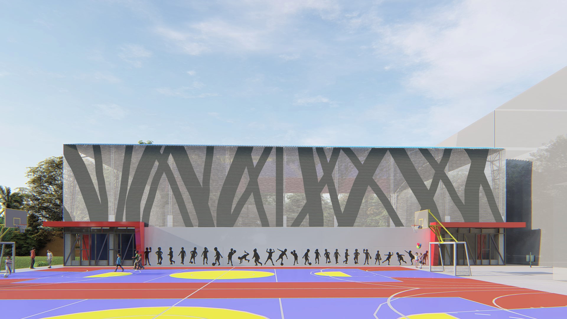 Render Polideportivo lamina microperforada