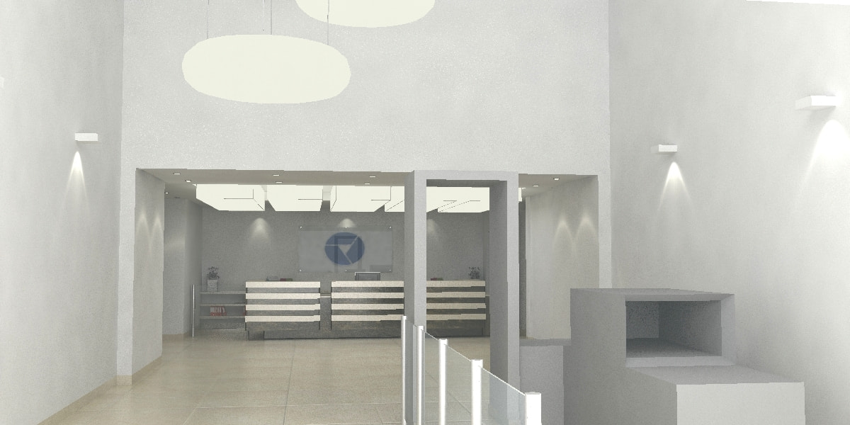 Render arquitectónico diseño lobby CorpBanca