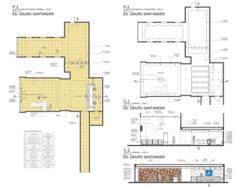 Planos arquitectónicos diseños lobby y recepción CorpBanca