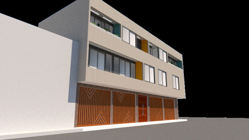 Render fachada edificio de vivienda multifamiliar