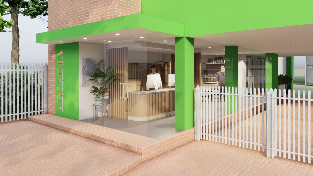 Render arquitectónico reforma de recepción conjunto cerrado