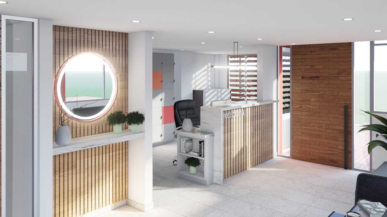 Render arquitectónico para reforma de recepción conjunto redil