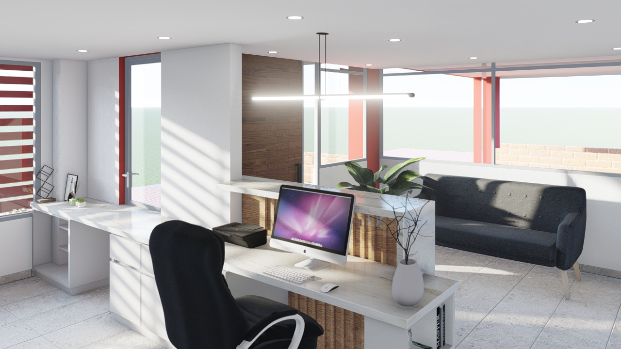 Render arquitectónico counter reforma de recepción.