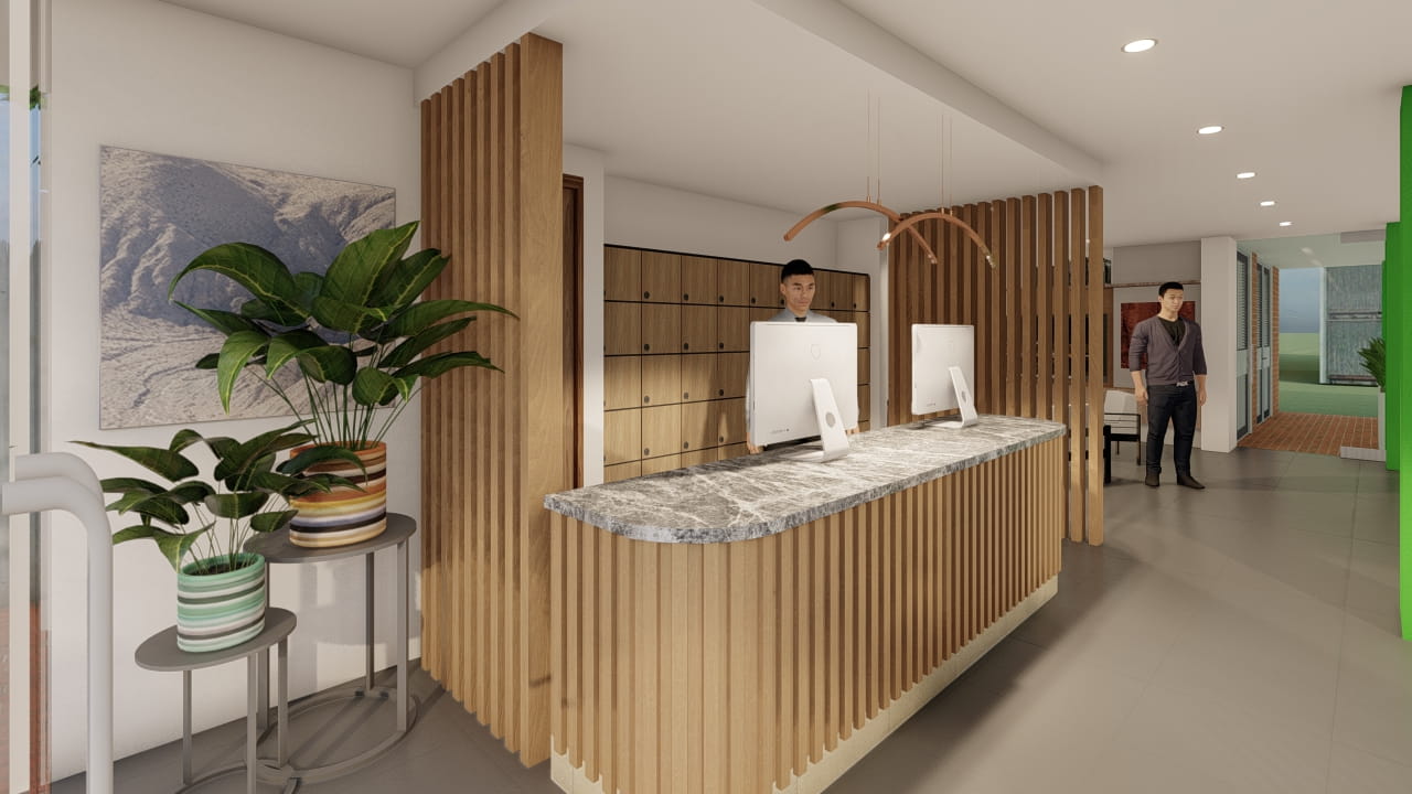 Render arquitectónico recepción conjunto cerrado