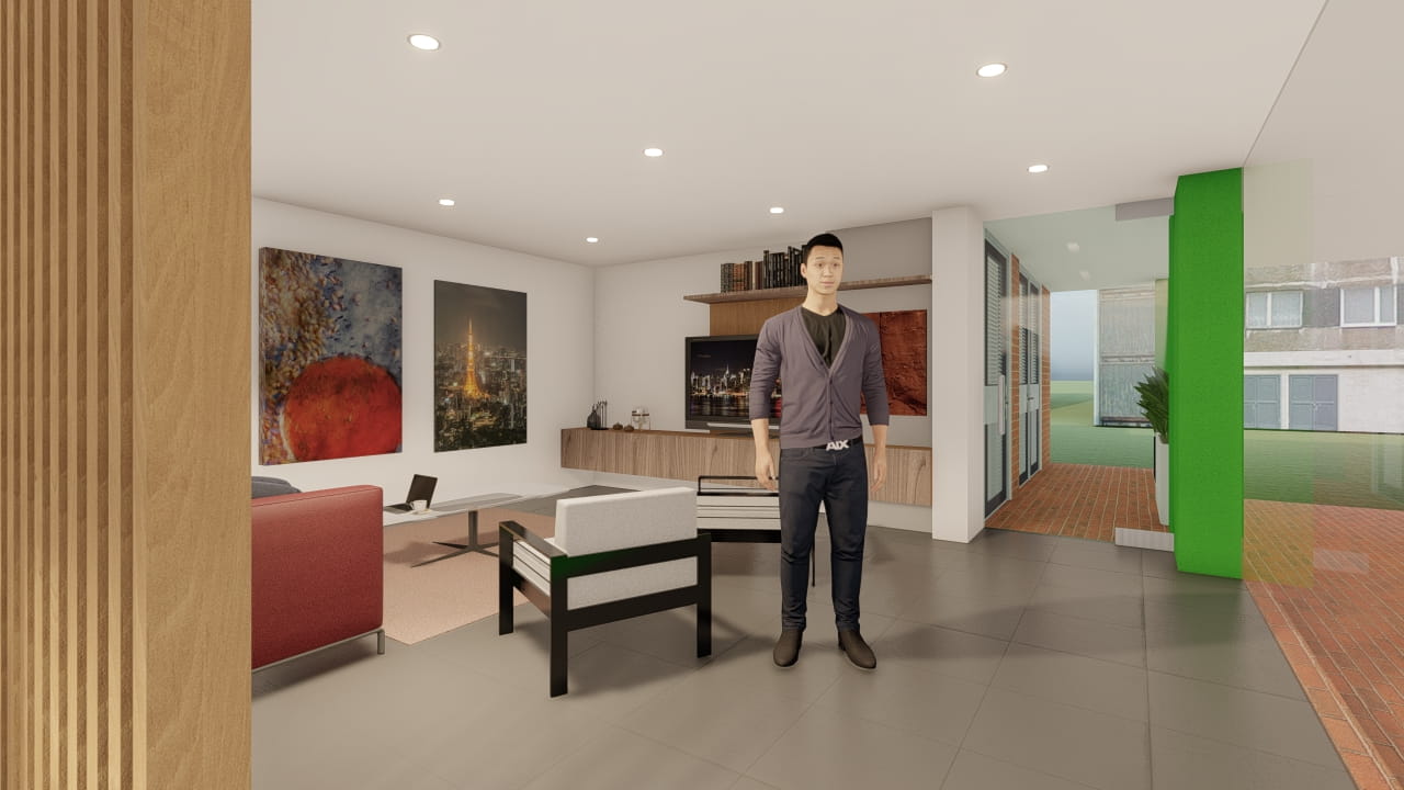 Render arquitectónico reforma de recepción sala de espera