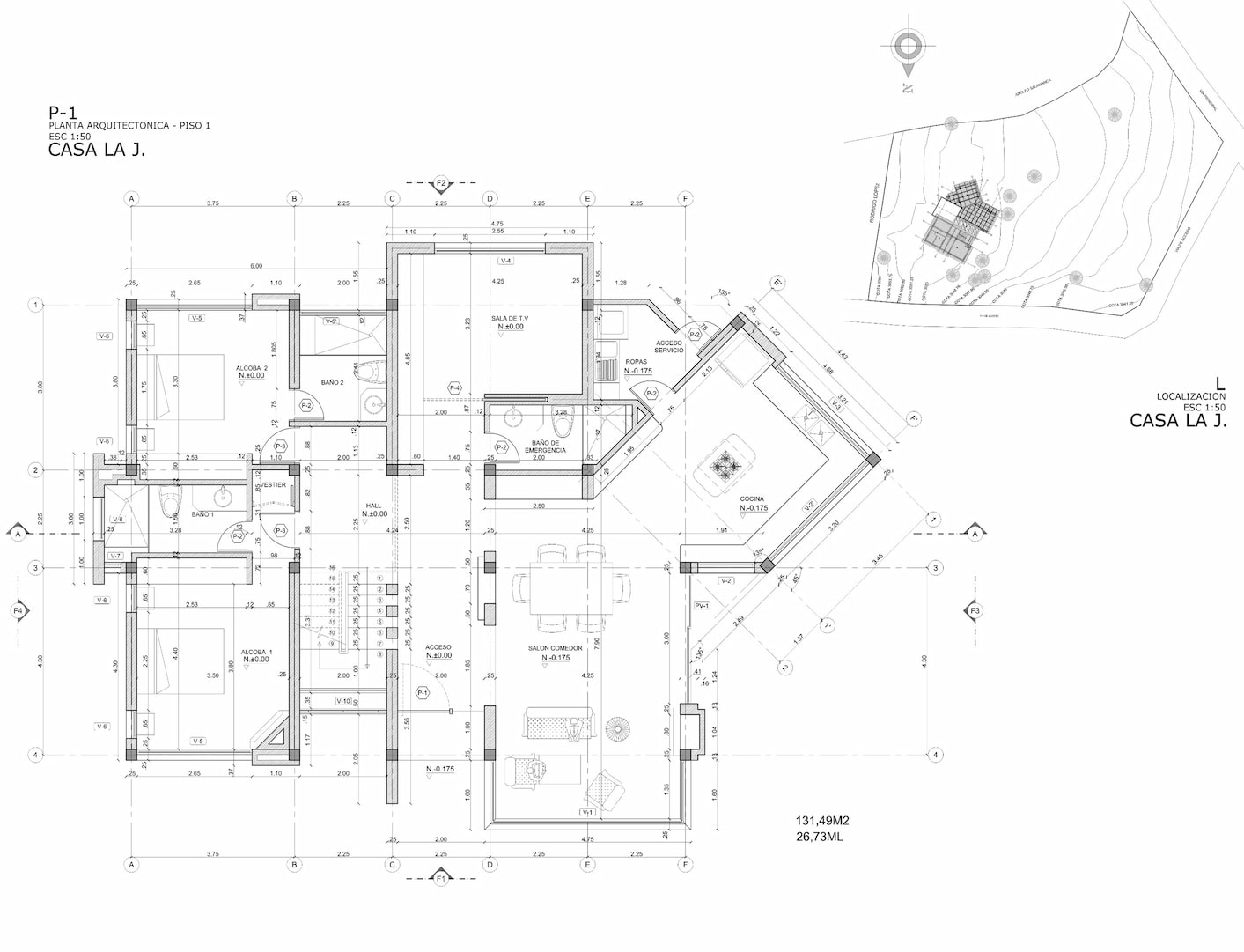 Planos arquitectónicos diseño de vivienda unifamiliar.