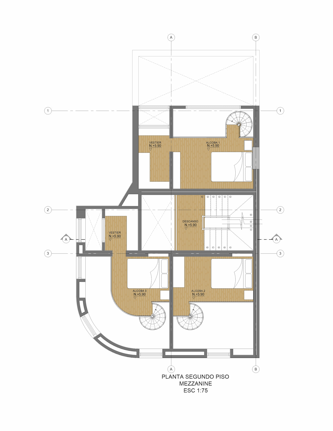 Planta arquitectónica mezanine coliving