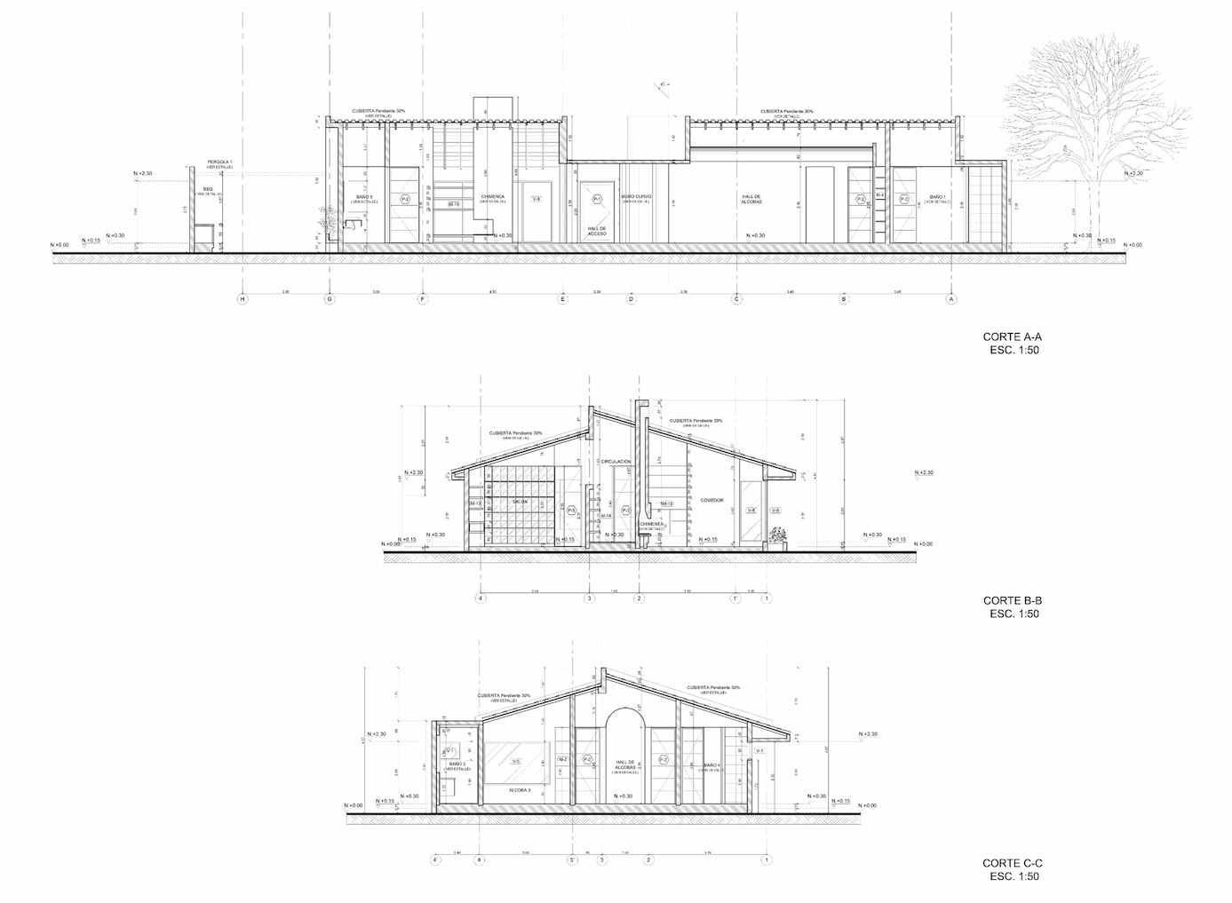 Cortes arquitectónicos de vivienda campestre