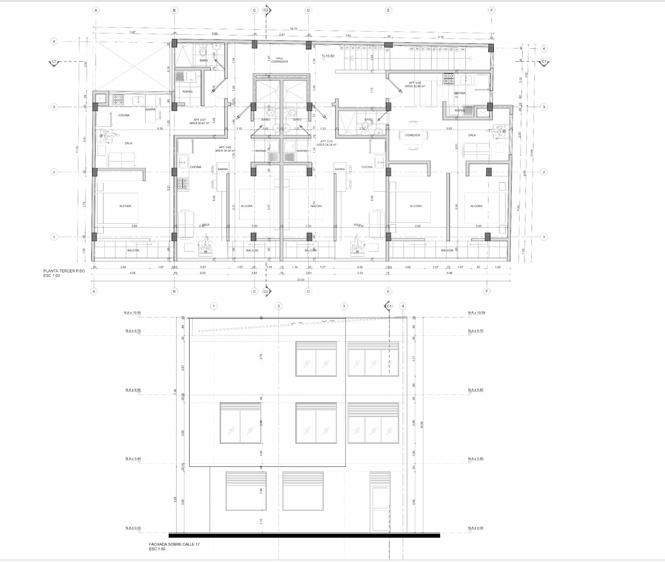 Planos arquitectónicos apartaestudios edificio.