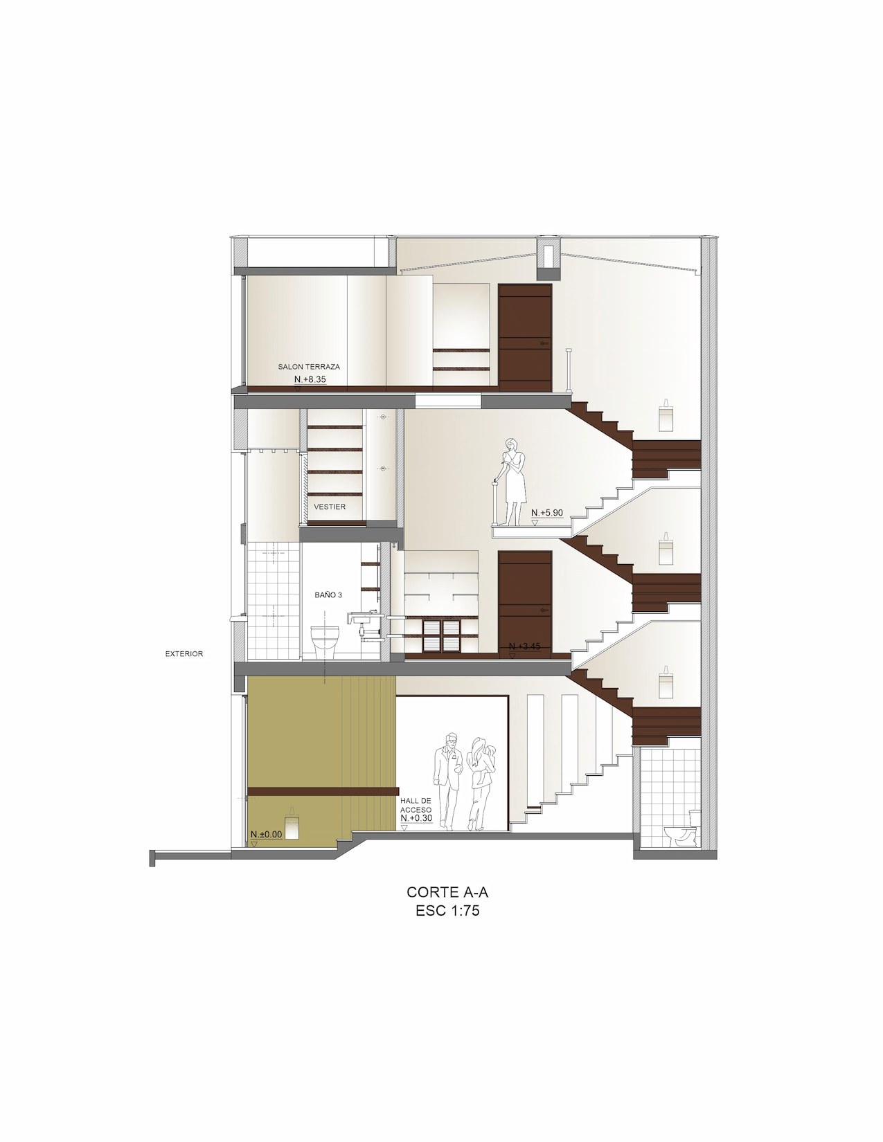 Corte arquitectónico edificio Coliving